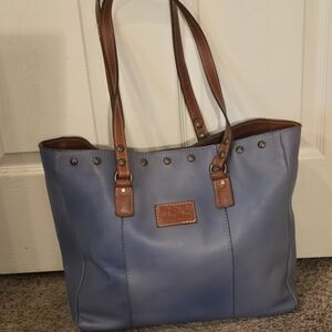 Women’s Blue Leather Tote Bag with Brown Trim